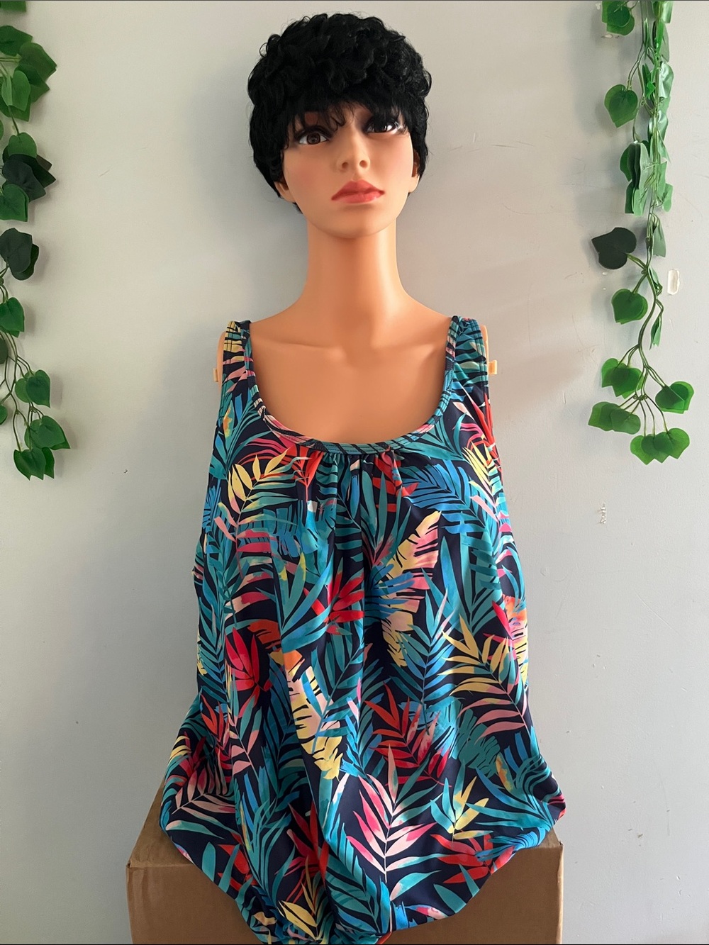 Tropical Leaf Swim Coverup Tank in Navy